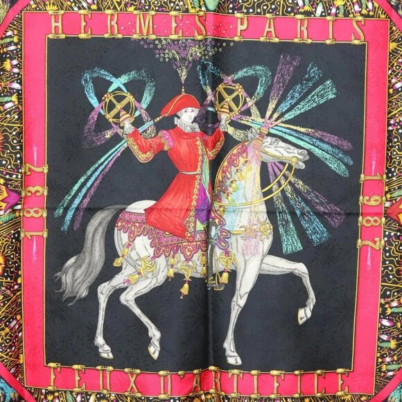 HERMES Carre 90 Scarf ""FEUX D' ARTIFICE"" Silk Black Auth hk2955 - Picture 7 of 12